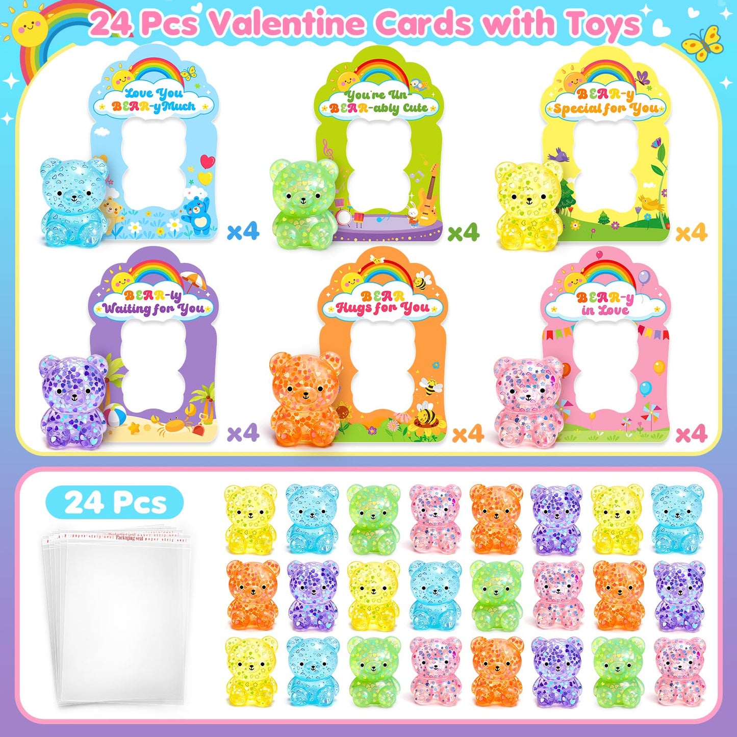 Toidgy Valentines Day Cards for Kids – 24 Pack with Squeeze Bear Toys & Classroom Party Favors