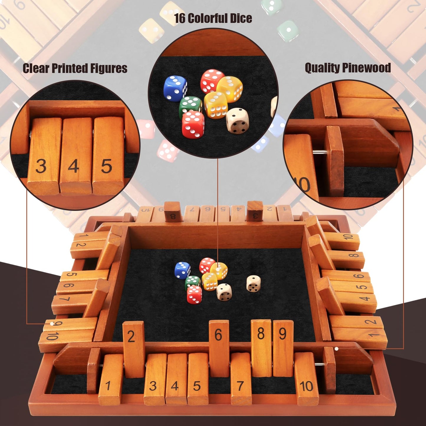 Toidgy Four-Player Shut The Box – Wooden Dice Game (12 Dice, Manual)