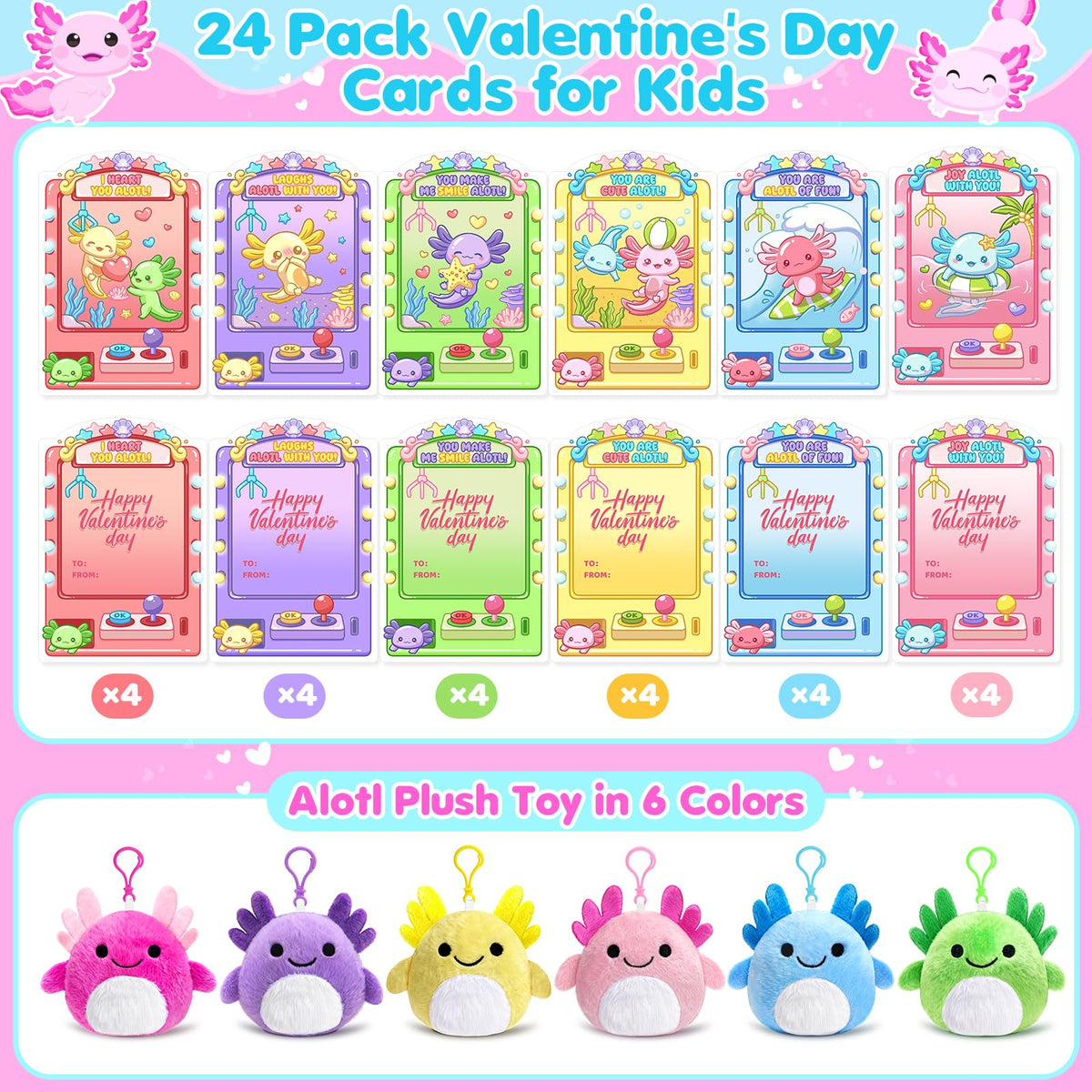 Toidgy Valentines Day Gifts for Kids — 24 Axolotl Plush Keychains & Cards