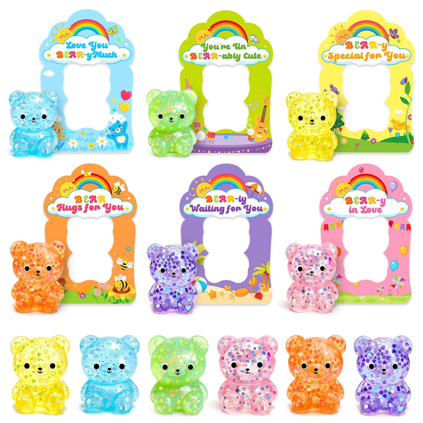 Toidgy Valentines Day Cards for Kids – 24 Pack with Squeeze Bear Toys & Classroom Party Favors