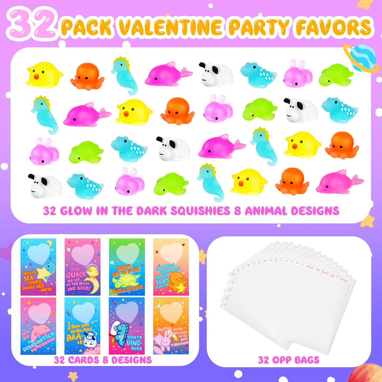 Toidgy 32-Pack Valentines Gifts for Kids: Glow Squishy Toys, Cards & Party Favors