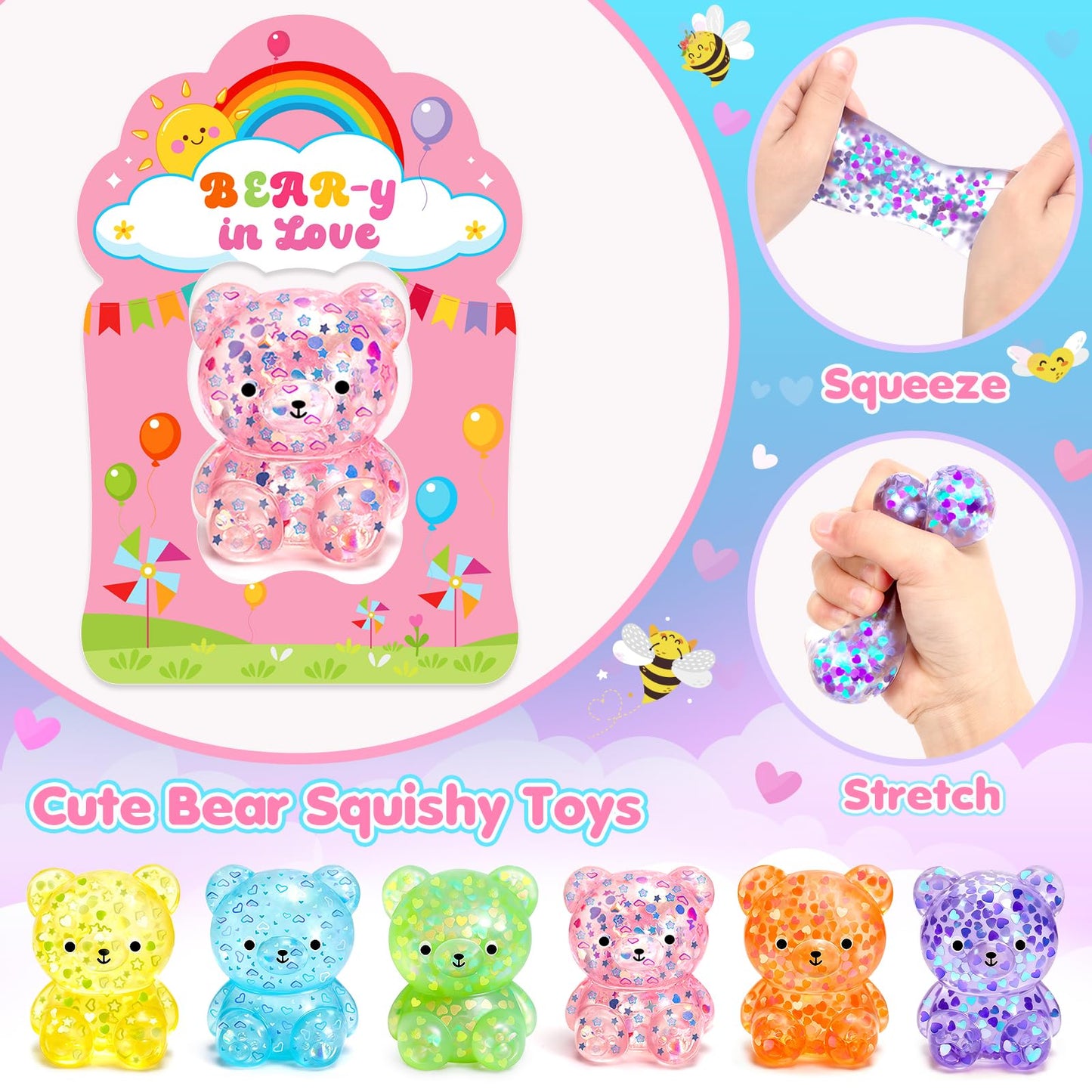 Toidgy Valentines Day Cards for Kids – 24 Pack with Squeeze Bear Toys & Classroom Party Favors