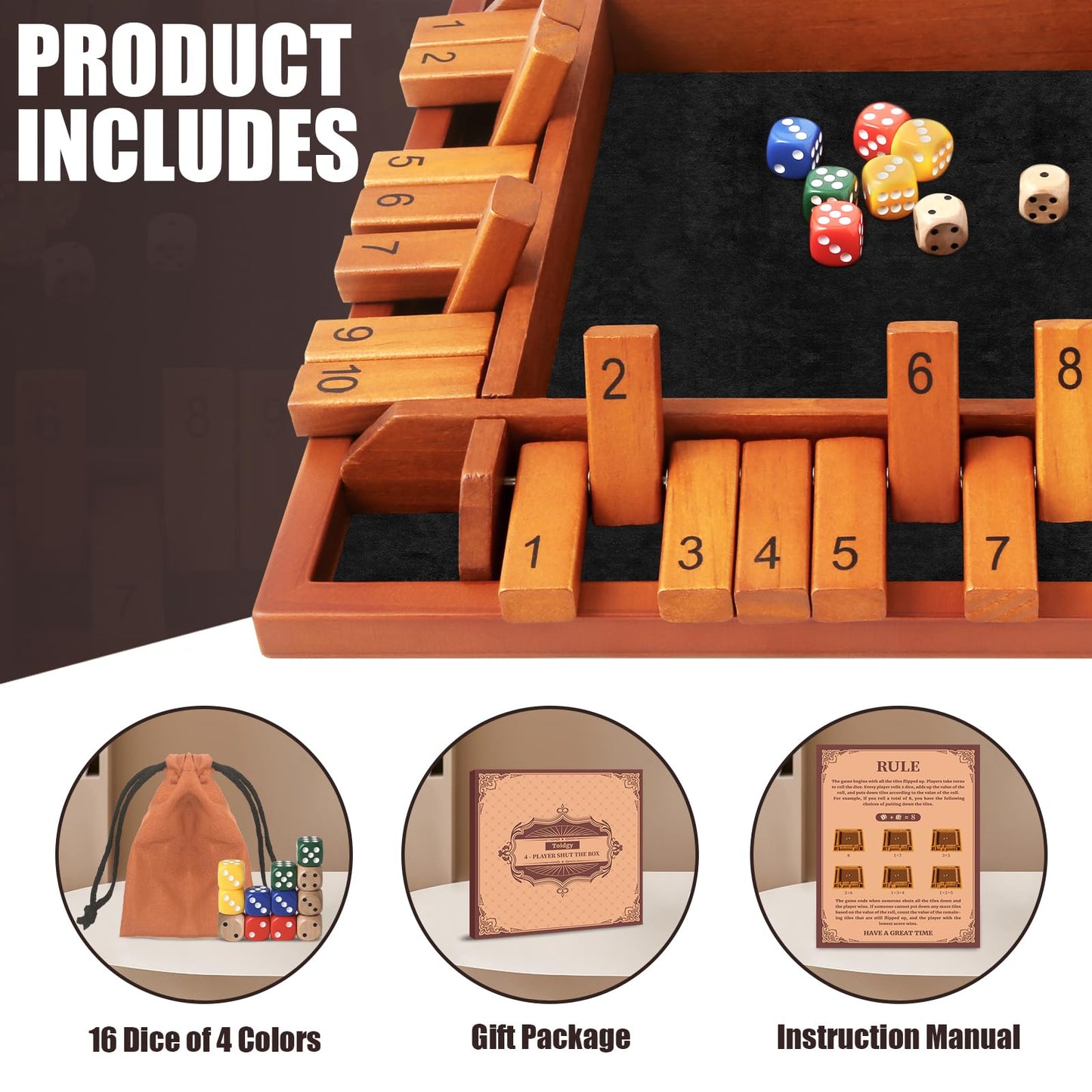 Toidgy Four-Player Shut The Box – Wooden Dice Game (12 Dice, Manual)