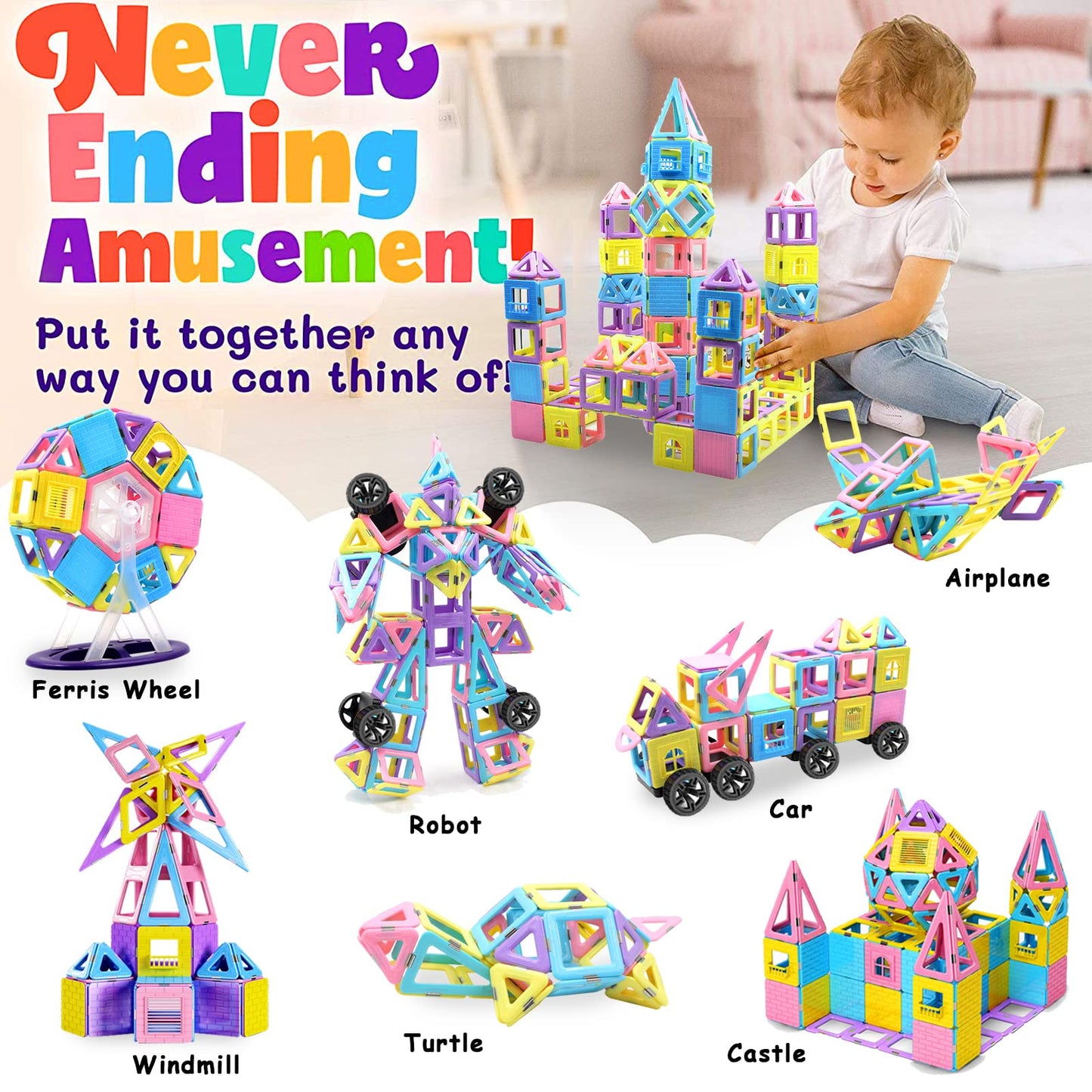 Tolnetr 124PCS Magnetic Tiles – STEM Building Set for Kids, Castle & Creative Play