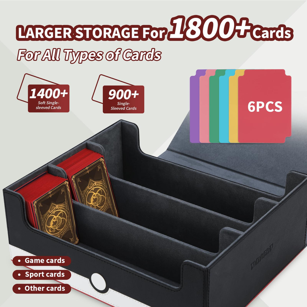 tombert Card Storage Box – 1800+ Capacity, 6 Dividers, Magnetic Seal (TCG/MTG/Yu-Gi-Oh/Sports Cards)