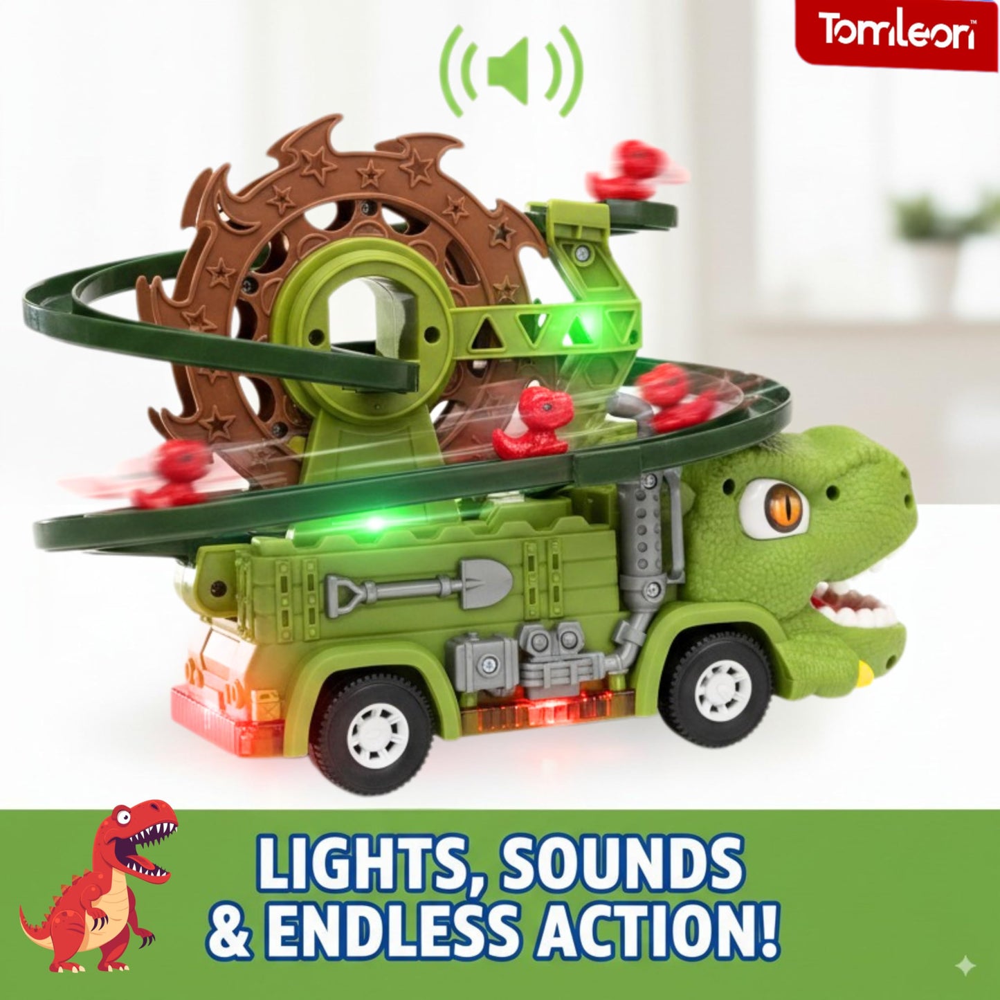 TOMLEON Dinosaur Truck Toy – 3-in-1 Dino Track for Kids 3-8 | Glow in the Dark, 360° Obstacle Detection, Lights & Sound