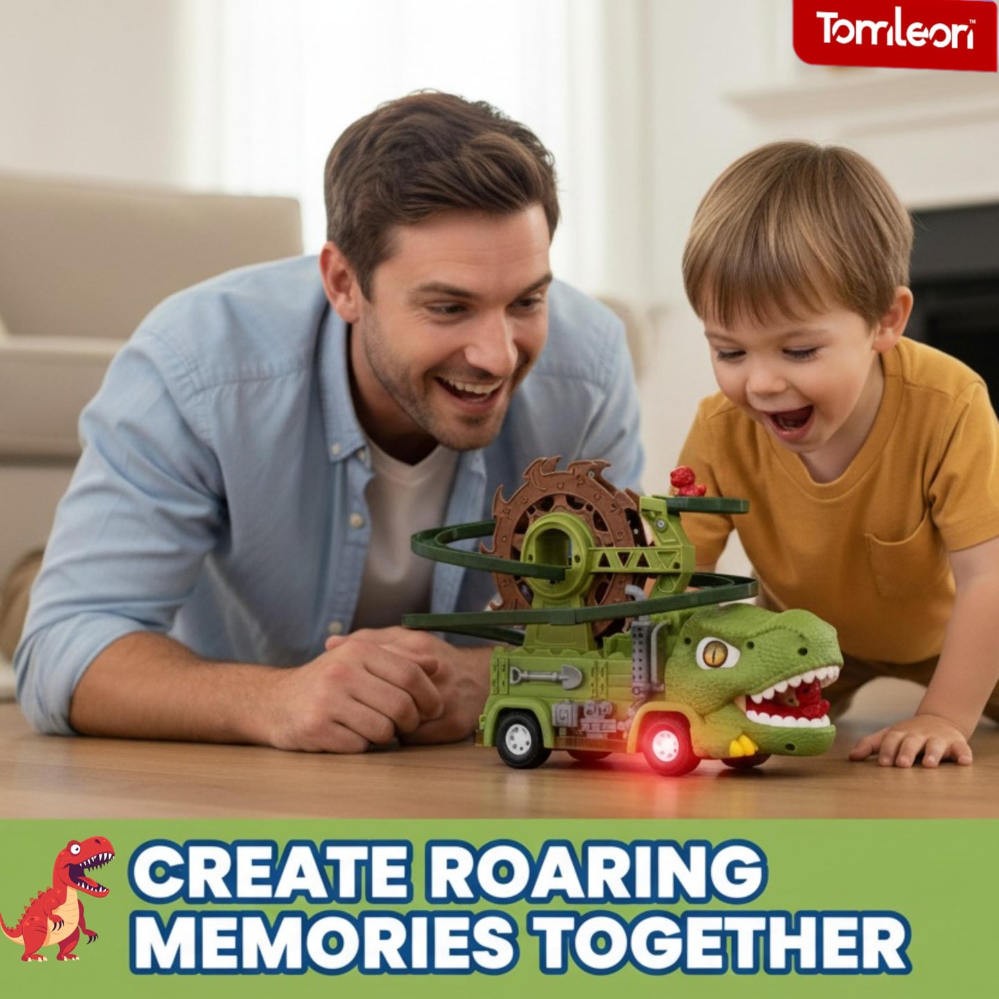 TOMLEON Dinosaur Truck Toy – 3-in-1 Dino Track for Kids 3-8 | Glow in the Dark, 360° Obstacle Detection, Lights & Sound