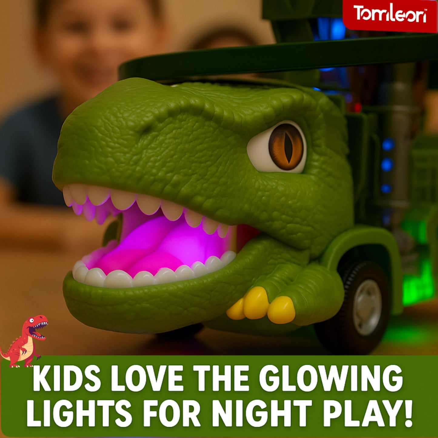 TOMLEON Dinosaur Truck Toy – 3-in-1 Dino Track for Kids 3-8 | Glow in the Dark, 360° Obstacle Detection, Lights & Sound