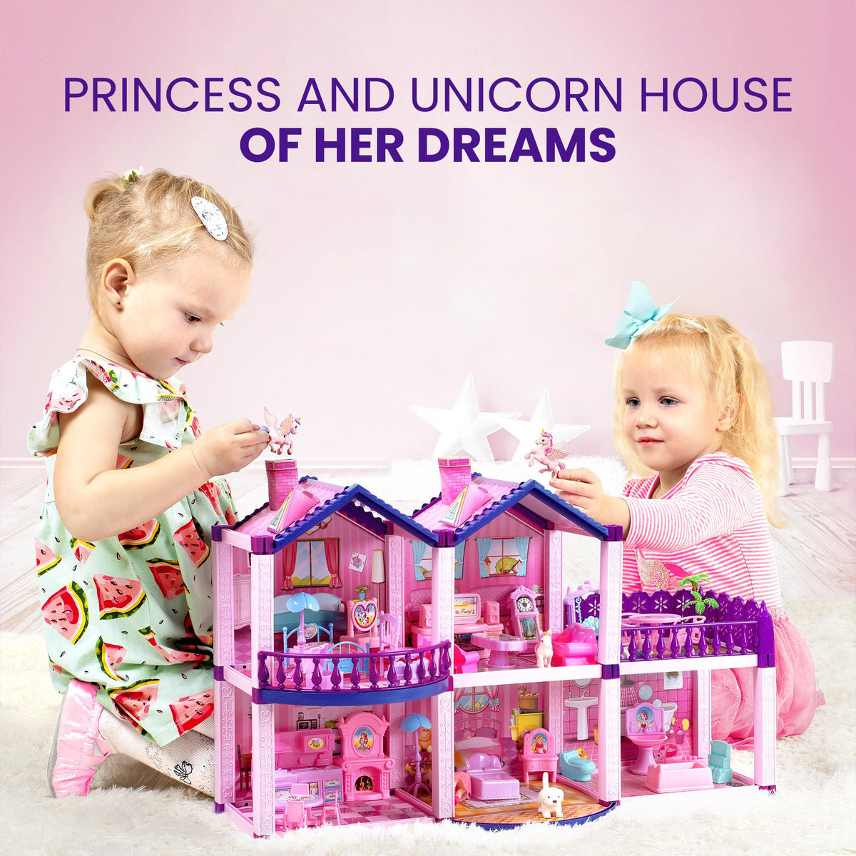 TOMLEON Dollhouse – Pink & Purple Dream House with 4 Princesses, 4 Unicorns, Dog, 5 Rooms & Garden (Ages 2–7)