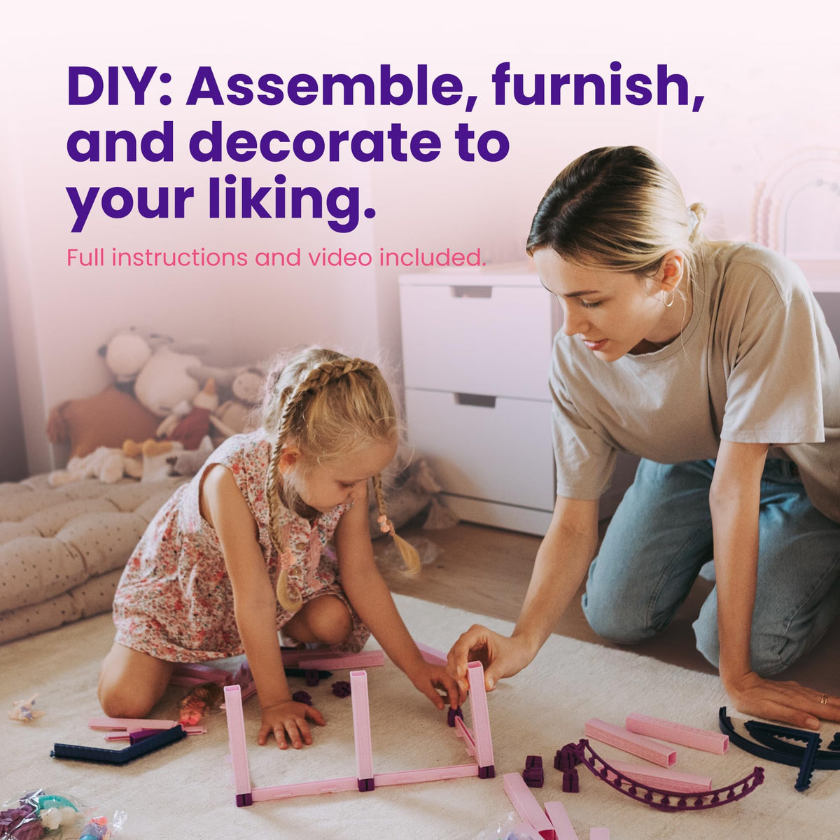 TOMLEON Dollhouse – Pink & Purple Dream House with 4 Princesses, 4 Unicorns, Dog, 5 Rooms & Garden (Ages 2–7)
