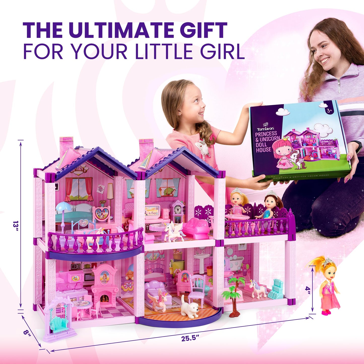 TOMLEON Dollhouse with 2 Princesses & 4 Unicorns — Pink & Purple Dream (Ages 2–8)