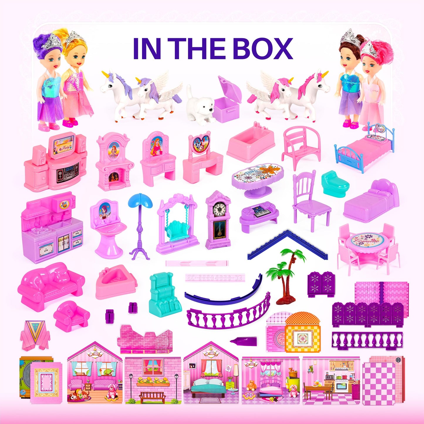 TOMLEON Dollhouse – Pink & Purple Dream House with 4 Princesses, 4 Unicorns, Dog, 5 Rooms & Garden (Ages 2–7)