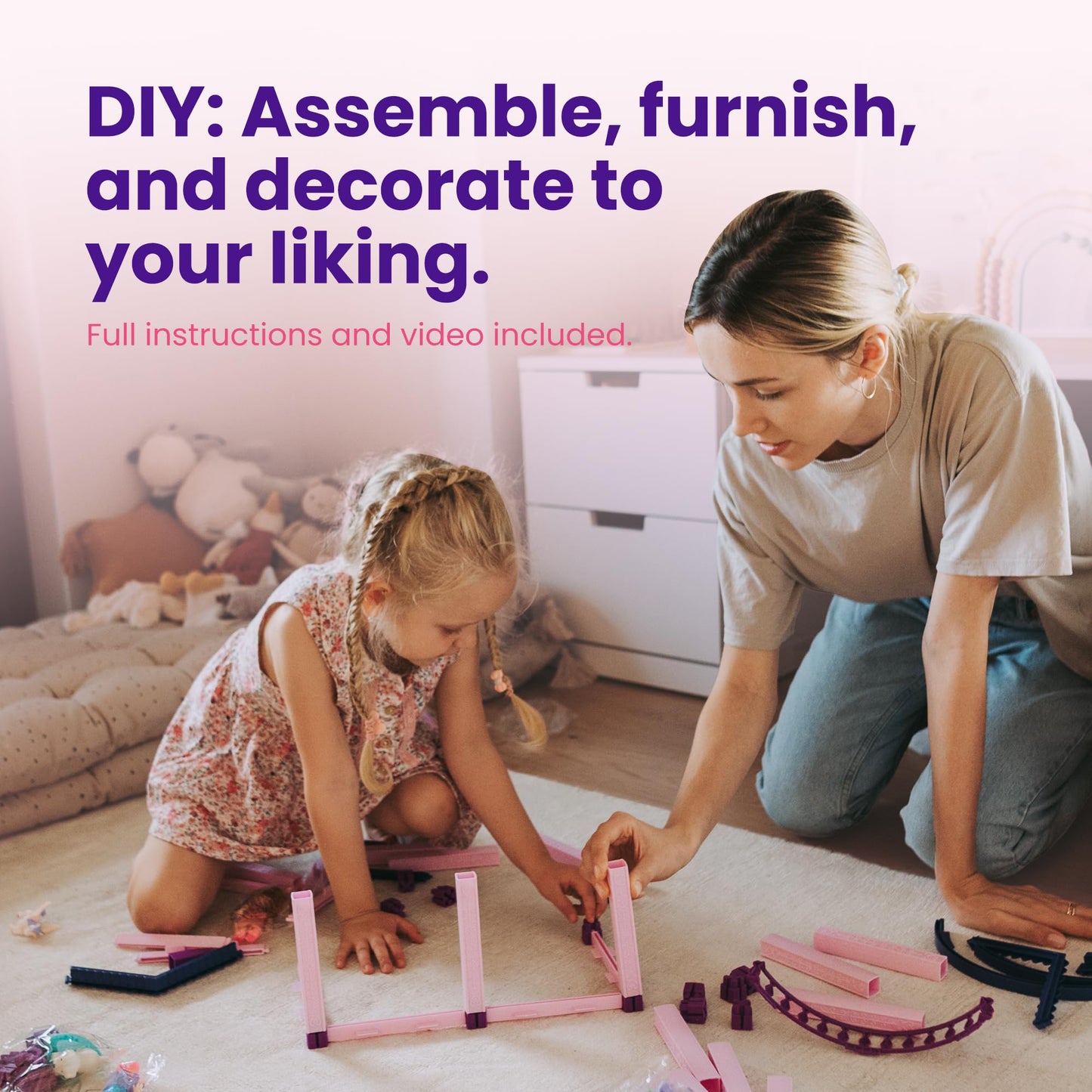 TOMLEON Dollhouse with 2 Princesses & 4 Unicorns — Pink & Purple Dream (Ages 2–8)