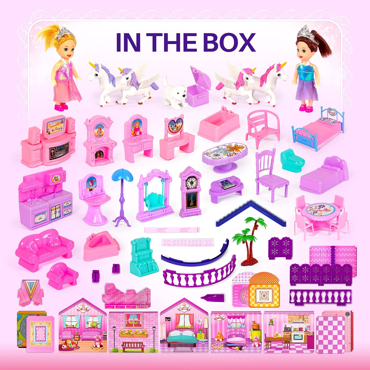 TOMLEON Dollhouse with 2 Princesses & 4 Unicorns — Pink & Purple Dream (Ages 2–8)