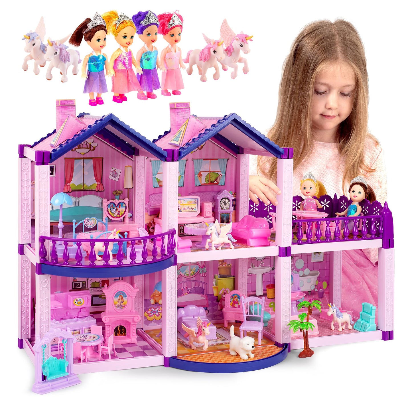 TOMLEON Dollhouse – Pink & Purple Dream House with 4 Princesses, 4 Unicorns, Dog, 5 Rooms & Garden (Ages 2–7)