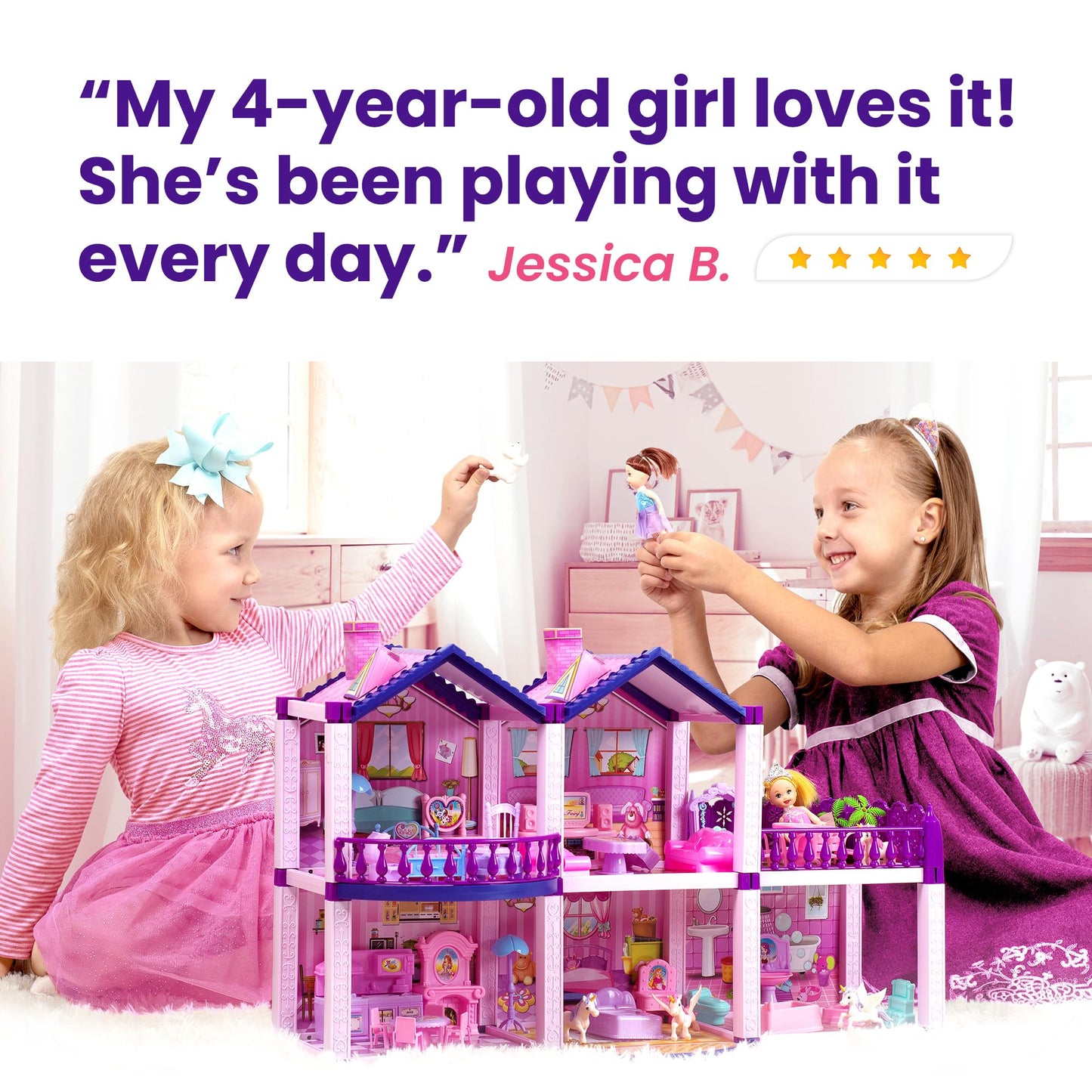 TOMLEON Dollhouse with 2 Princesses & 4 Unicorns — Pink & Purple Dream (Ages 2–8)