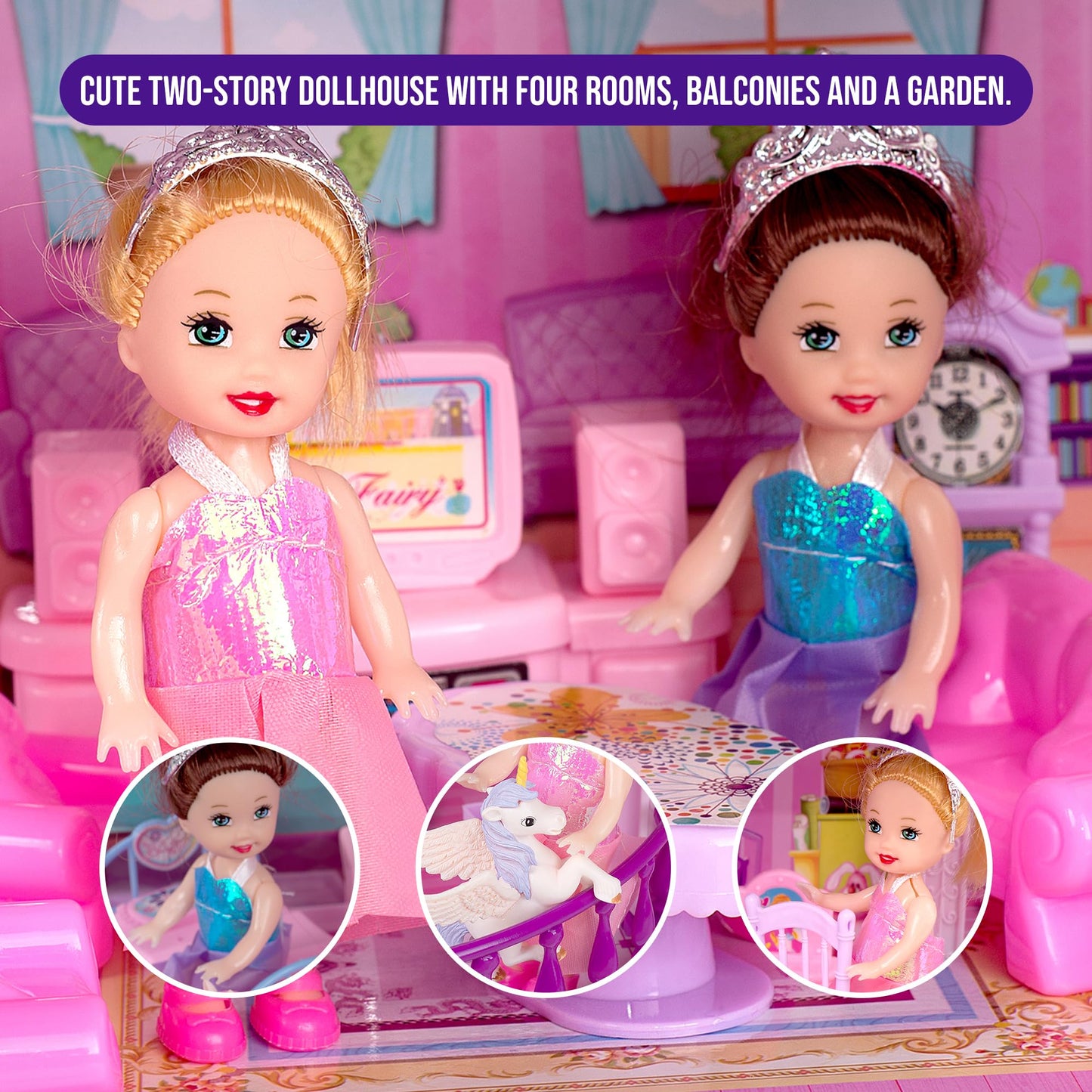 TOMLEON Dollhouse with 2 Princesses & 4 Unicorns — Pink & Purple Dream (Ages 2–8)