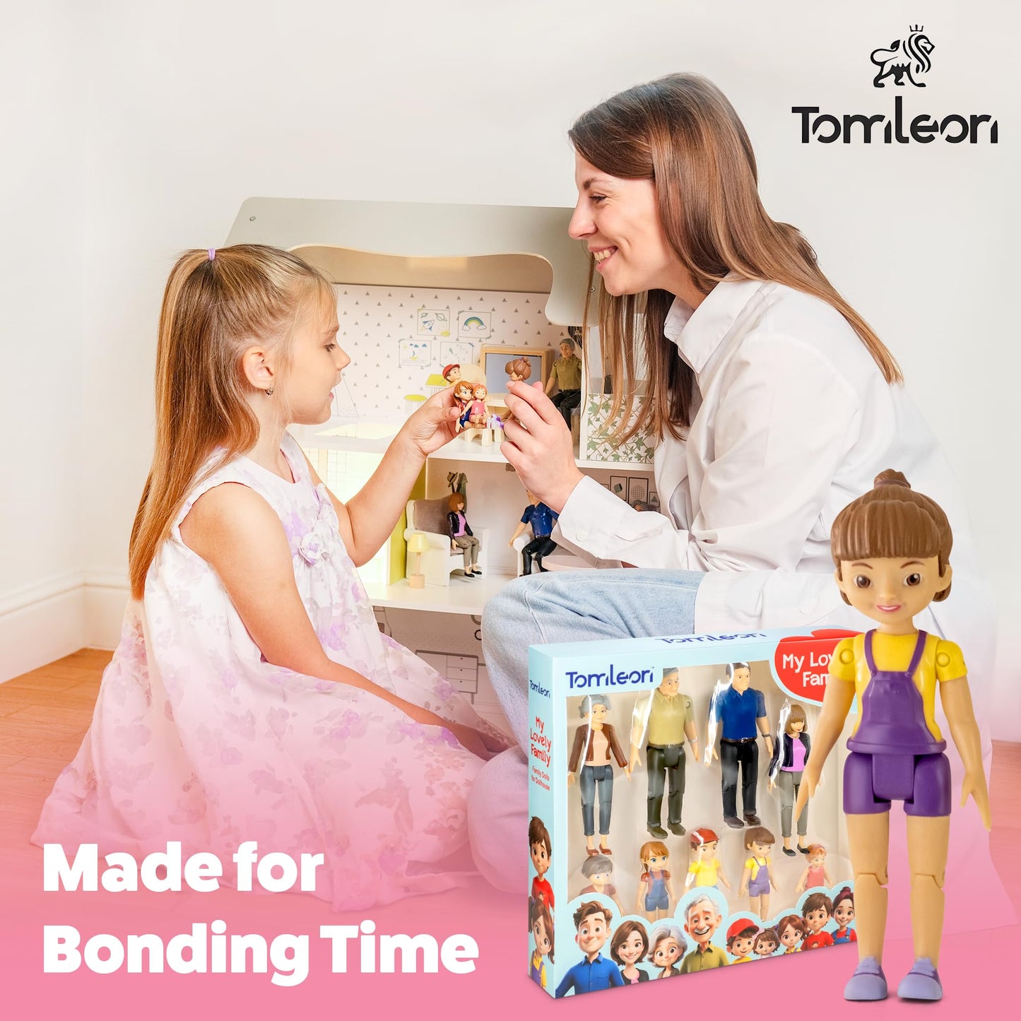 TOMLEON Dollhouse People – 9 Poseable Family Figures Set for Imaginative Play