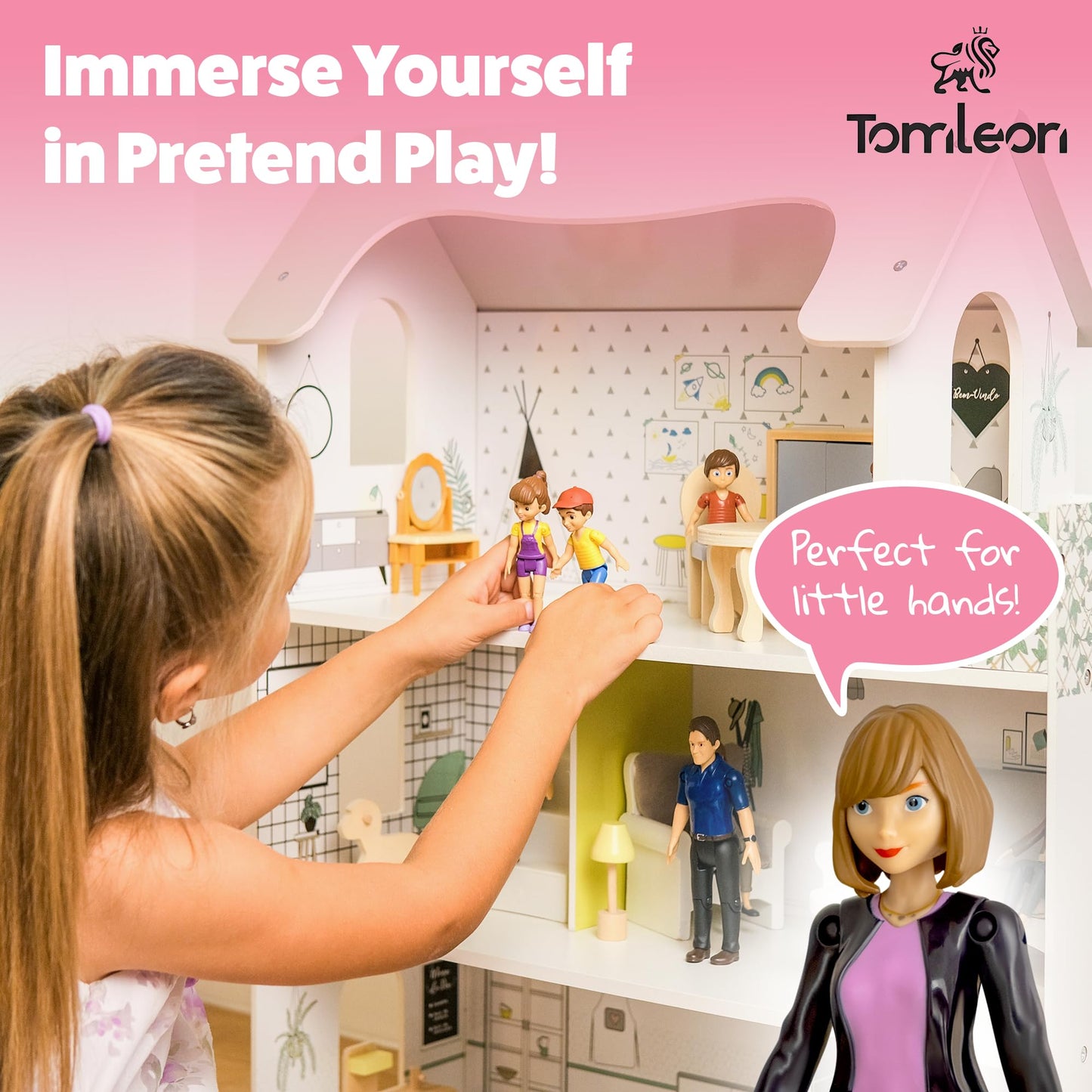 TOMLEON Dollhouse People – 9 Poseable Family Figures Set for Imaginative Play