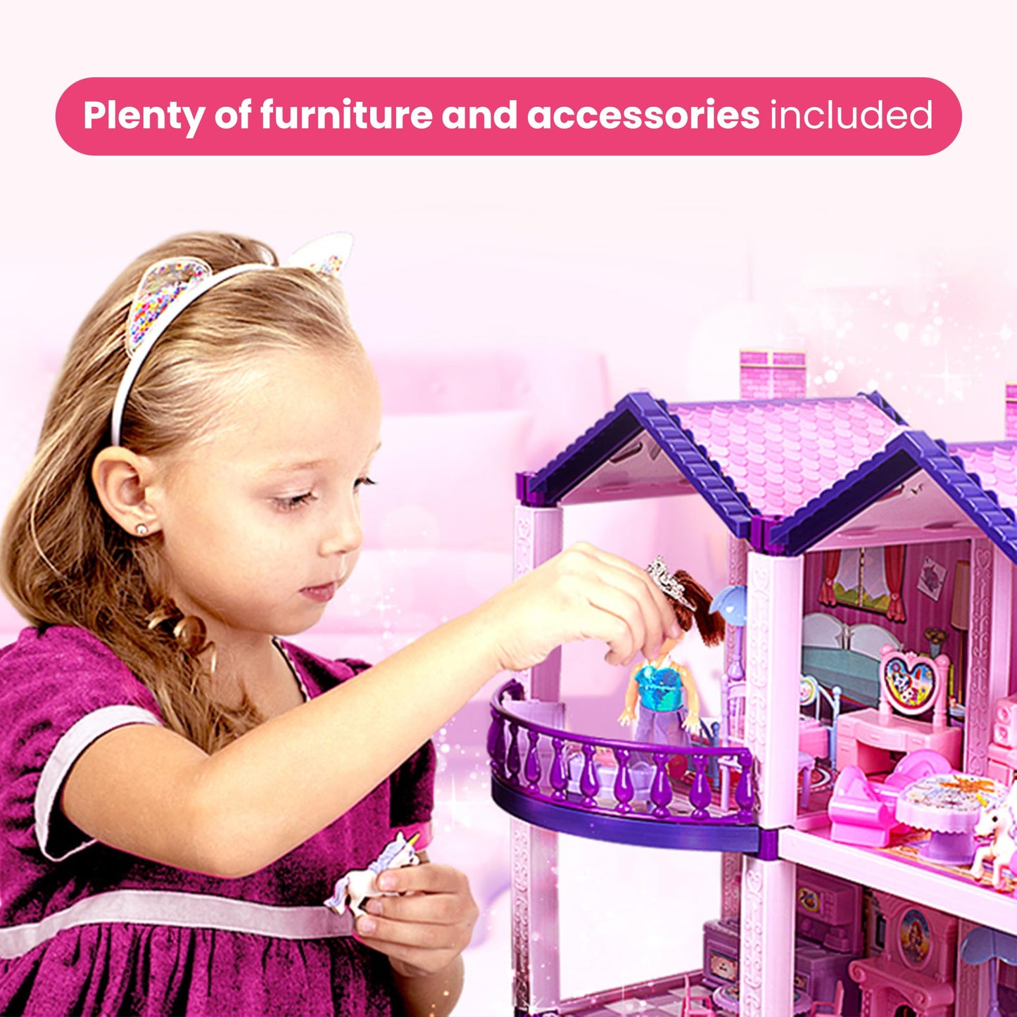 TOMLEON Dollhouse with 2 Princesses & 4 Unicorns — Pink & Purple Dream (Ages 2–8)