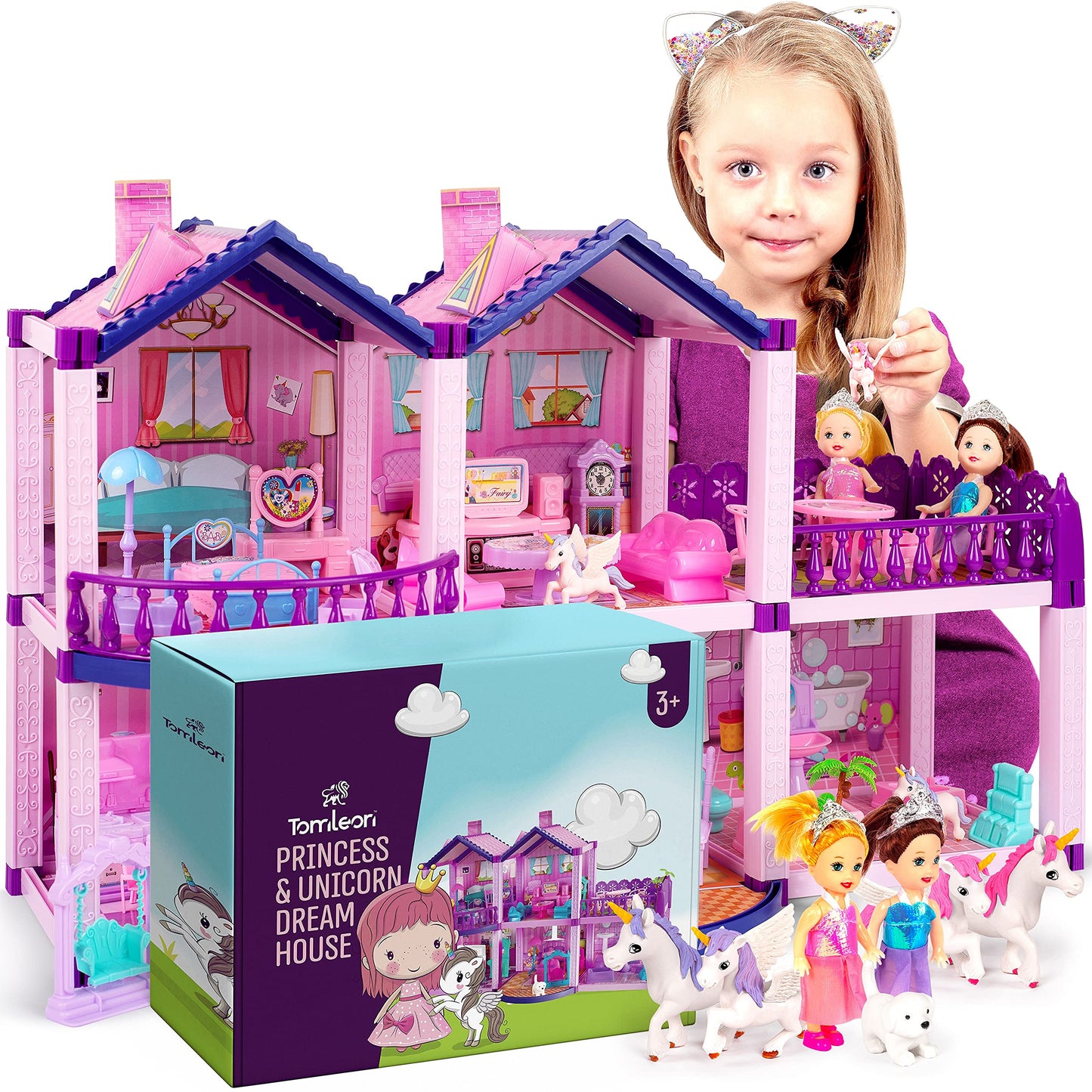 TOMLEON Dollhouse with 2 Princesses & 4 Unicorns — Pink & Purple Dream (Ages 2–8)