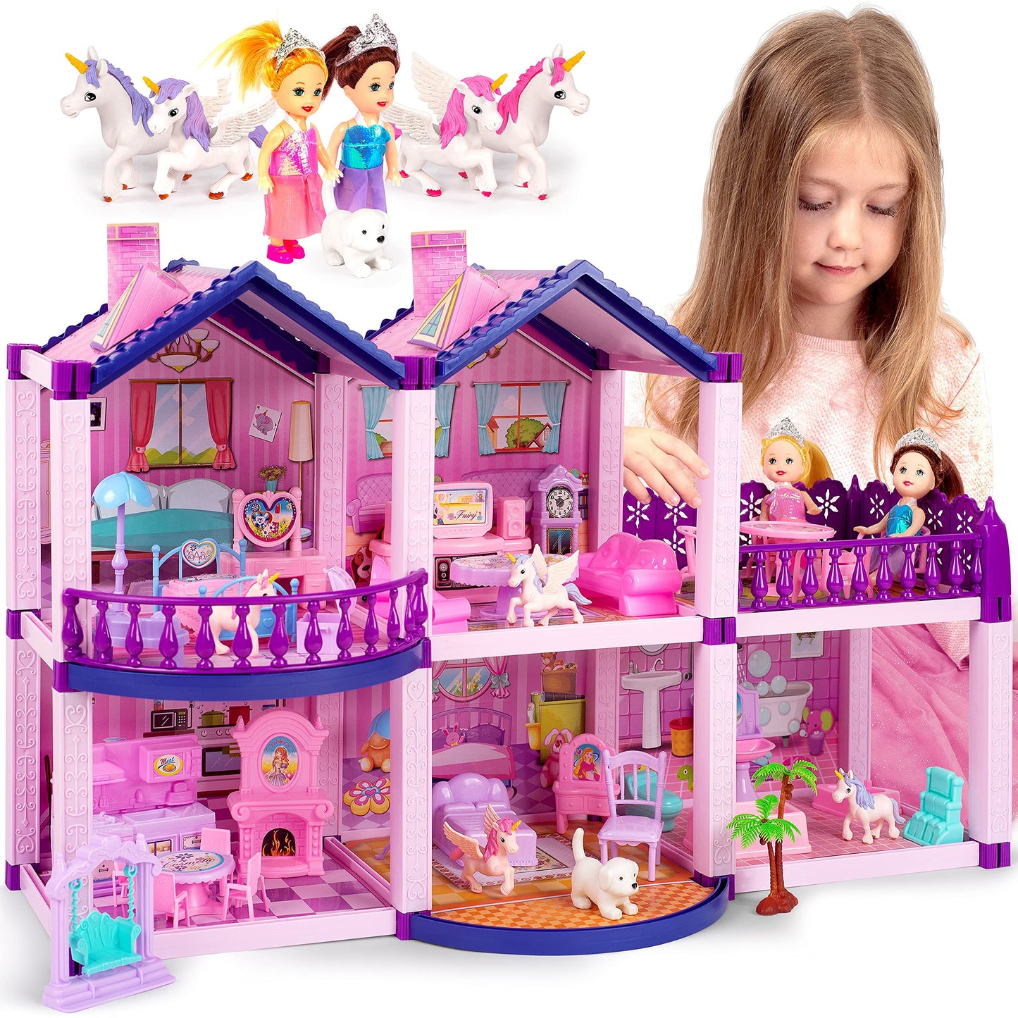TOMLEON Dollhouse with 2 Princesses & 4 Unicorns — Pink & Purple Dream (Ages 2–8)