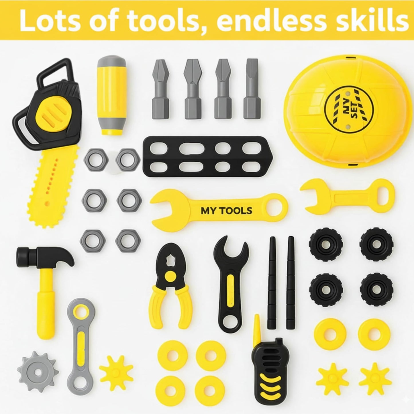 TOMLEON Toddler Workbench & Tool Set with Battery-Operated Drill – 2 Take-Apart Trucks | Gift for Boys 3-5