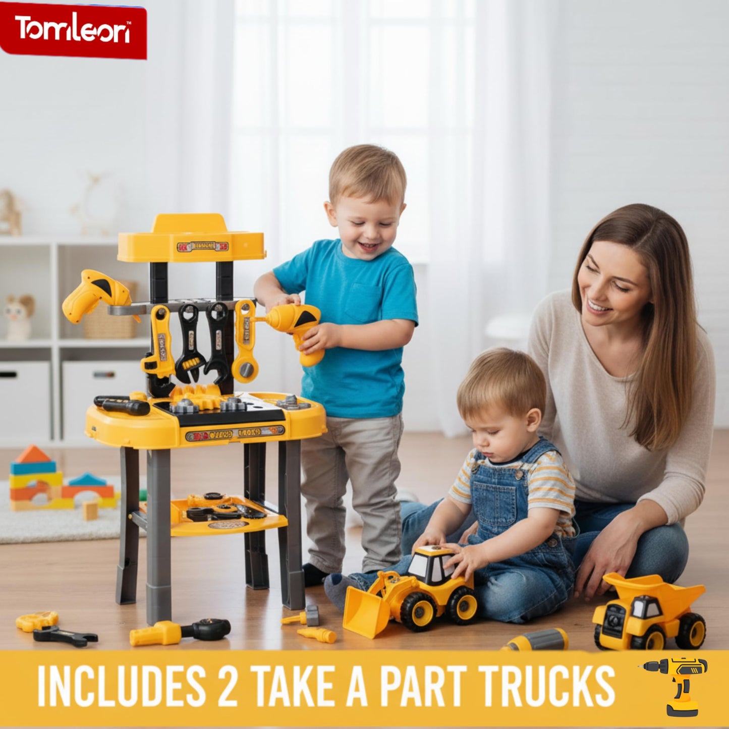 TOMLEON Toddler Workbench & Tool Set with Battery-Operated Drill – 2 Take-Apart Trucks | Gift for Boys 3-5