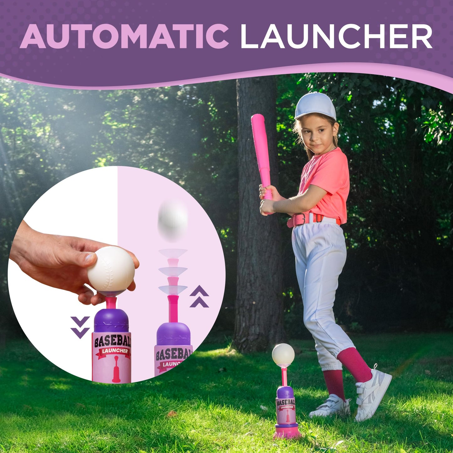 TOMLEON T Ball Stand – Kids & Toddlers Baseball Set with Adjustable Tee, 6 Balls & Pitching Machine