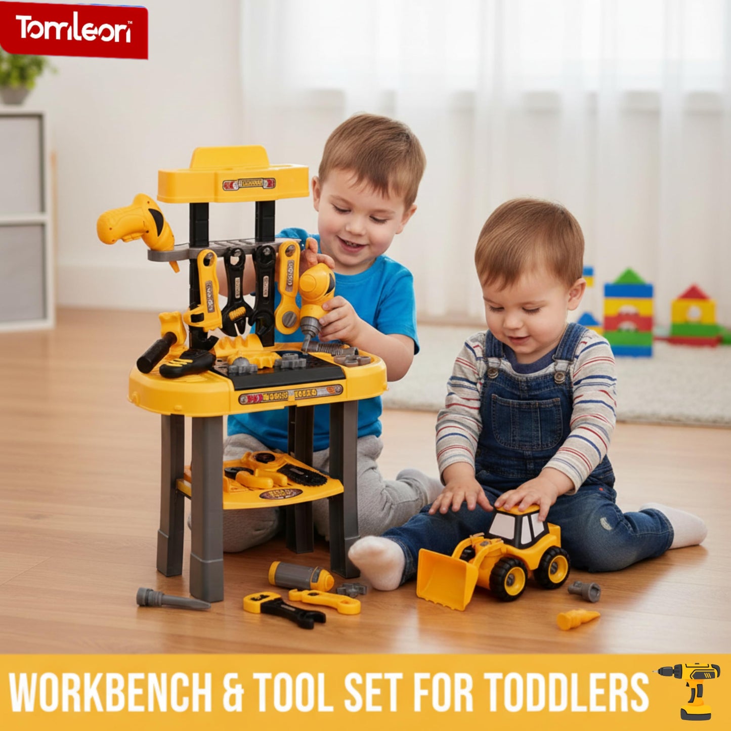 TOMLEON Toddler Workbench & Tool Set with Battery-Operated Drill – 2 Take-Apart Trucks | Gift for Boys 3-5