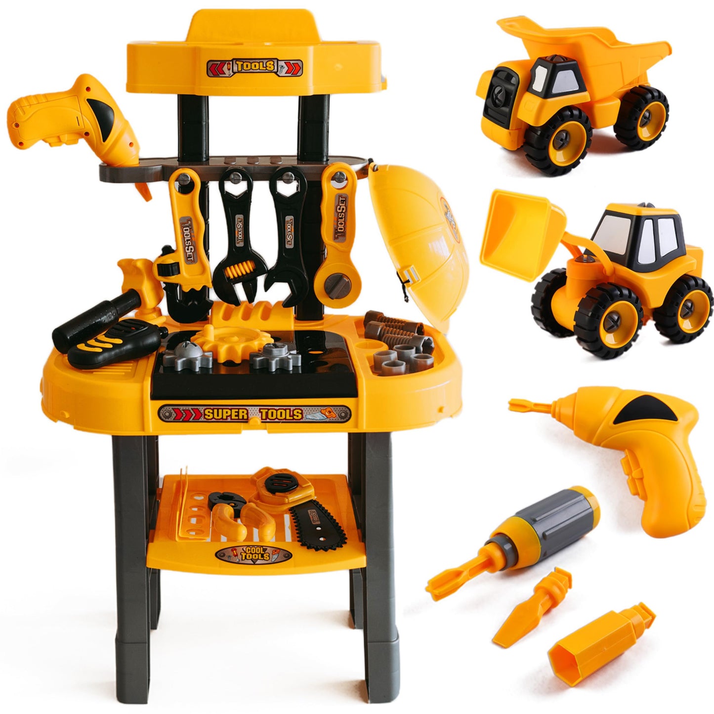 TOMLEON Toddler Workbench & Tool Set with Battery-Operated Drill – 2 Take-Apart Trucks | Gift for Boys 3-5