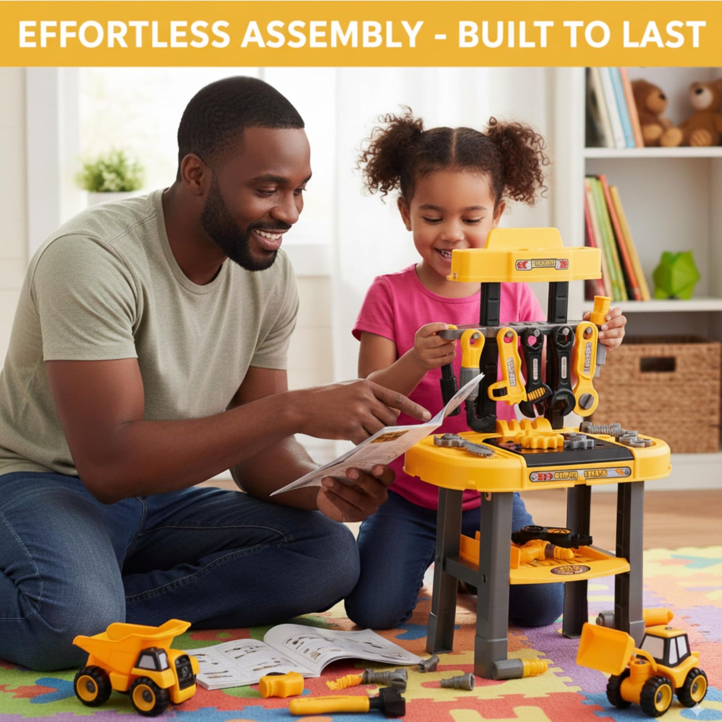 TOMLEON Toddler Workbench & Tool Set with Battery-Operated Drill – 2 Take-Apart Trucks | Gift for Boys 3-5