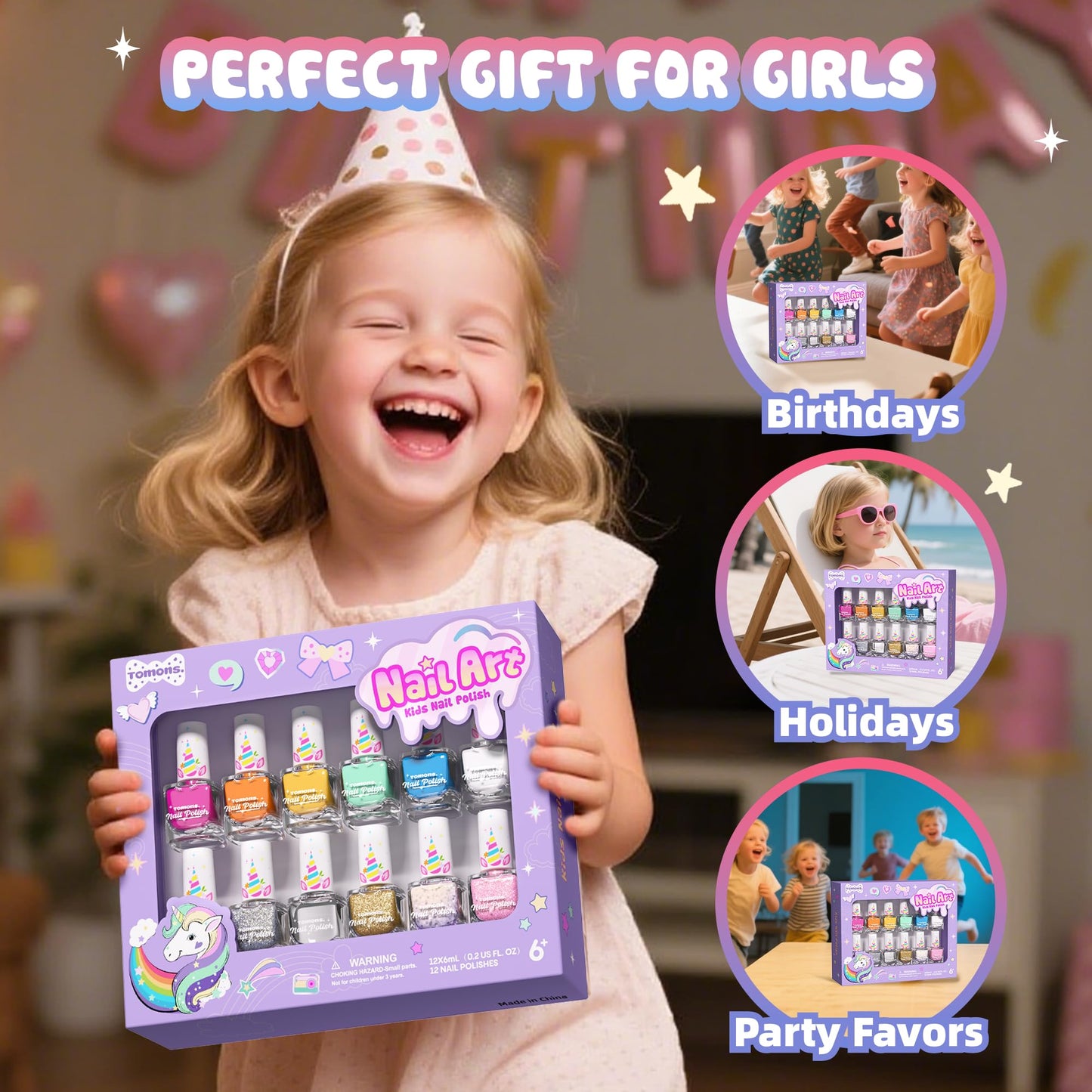 Tomons Nail Polish Set for Kids — 12 Colors, Water-Based, Non-Toxic, Quick-Dry & Peel-Off DIY Kit