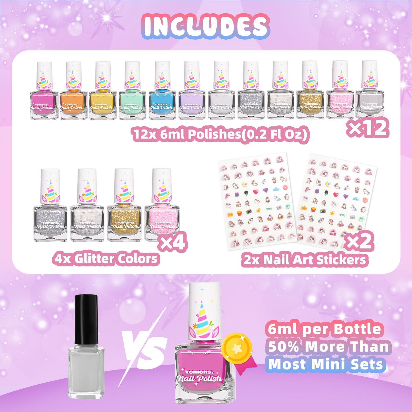 Tomons Nail Polish Set for Kids — 12 Colors, Water-Based, Non-Toxic, Quick-Dry & Peel-Off DIY Kit