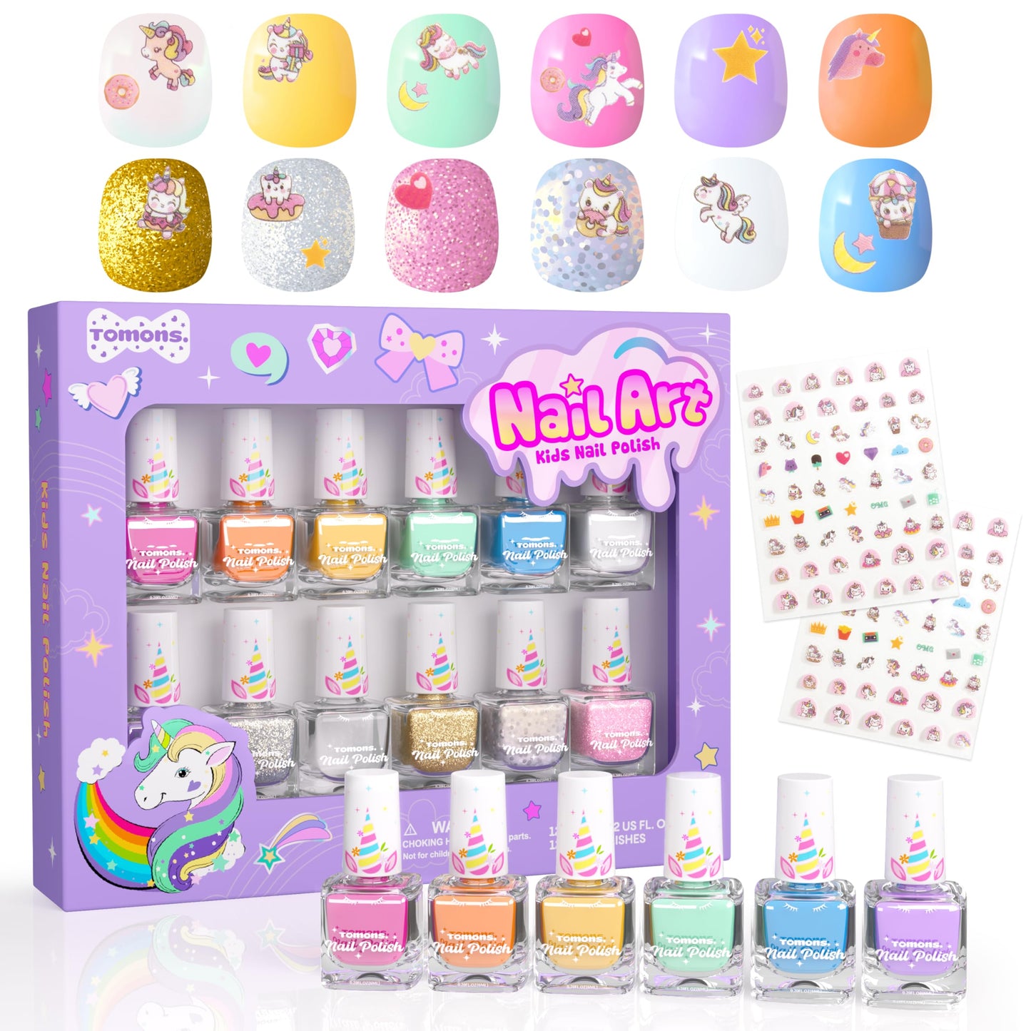 Tomons Nail Polish Set for Kids — 12 Colors, Water-Based, Non-Toxic, Quick-Dry & Peel-Off DIY Kit