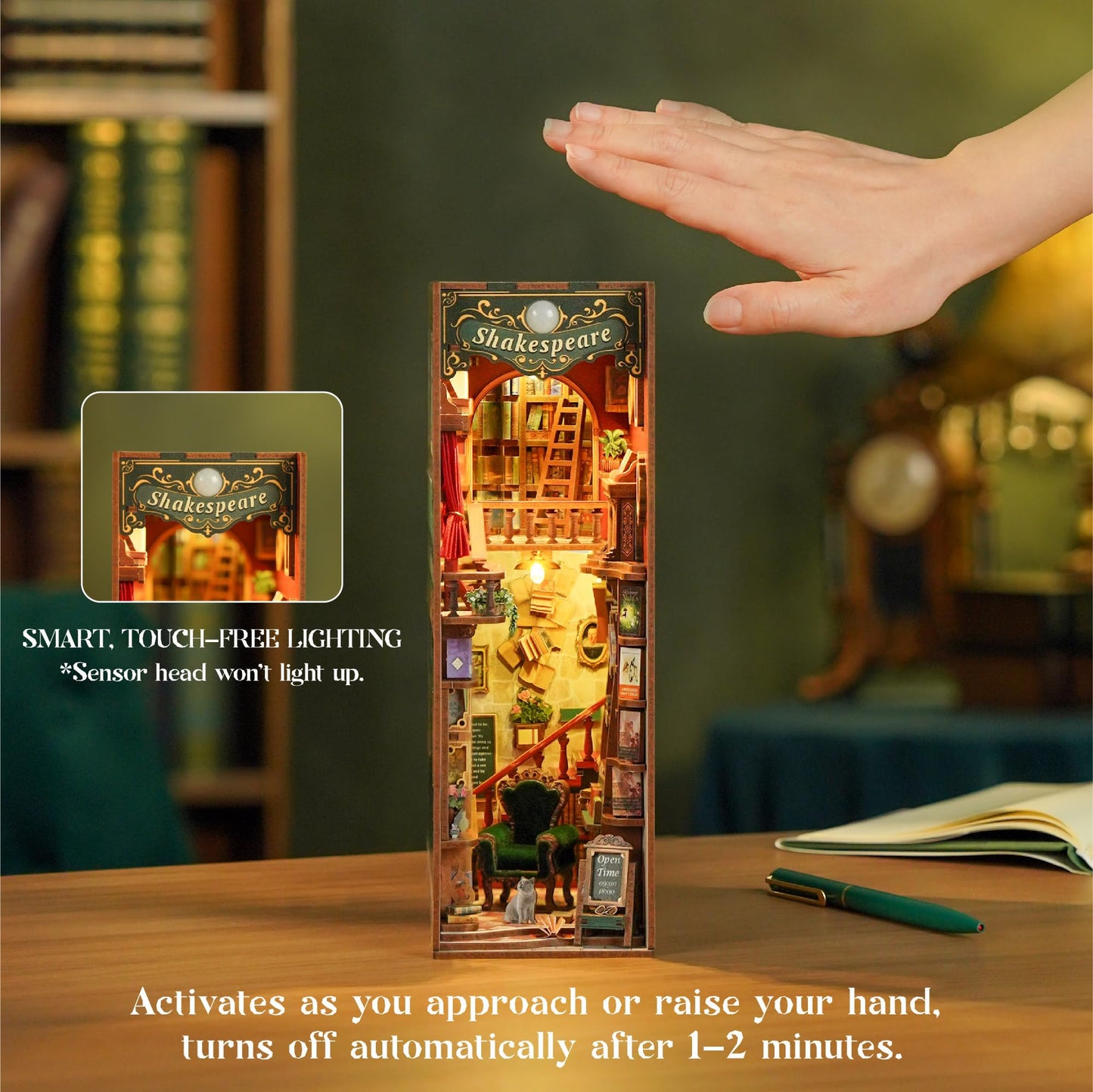 Tonecheer DIY Book Nook Kit for Adults – 3D Wooden Bookend with Sensor LED Light (Left Bank Bookstore)