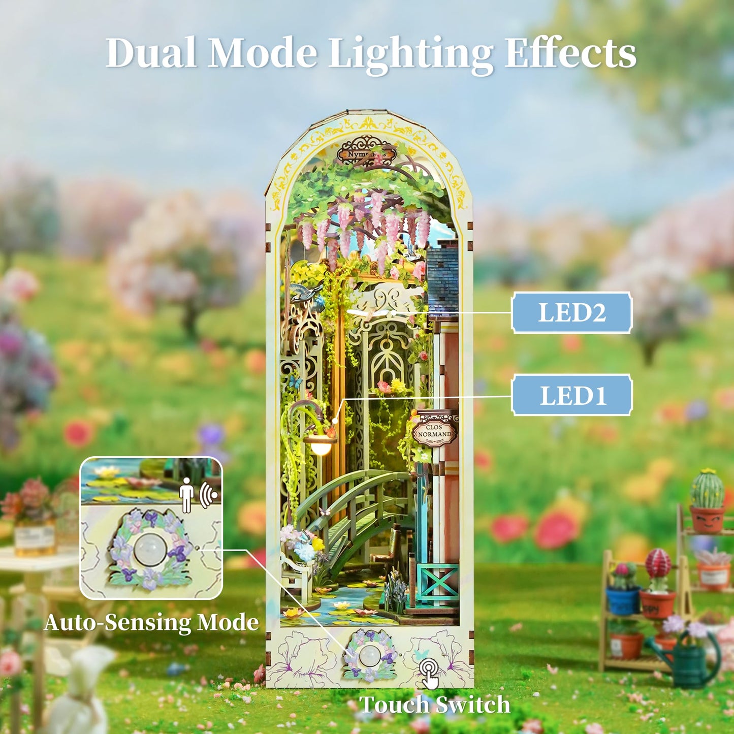 Tonecheer DIY Book Nook Kit for Adults – Giverny Garden 3D Wooden Dollhouse with LED Lights