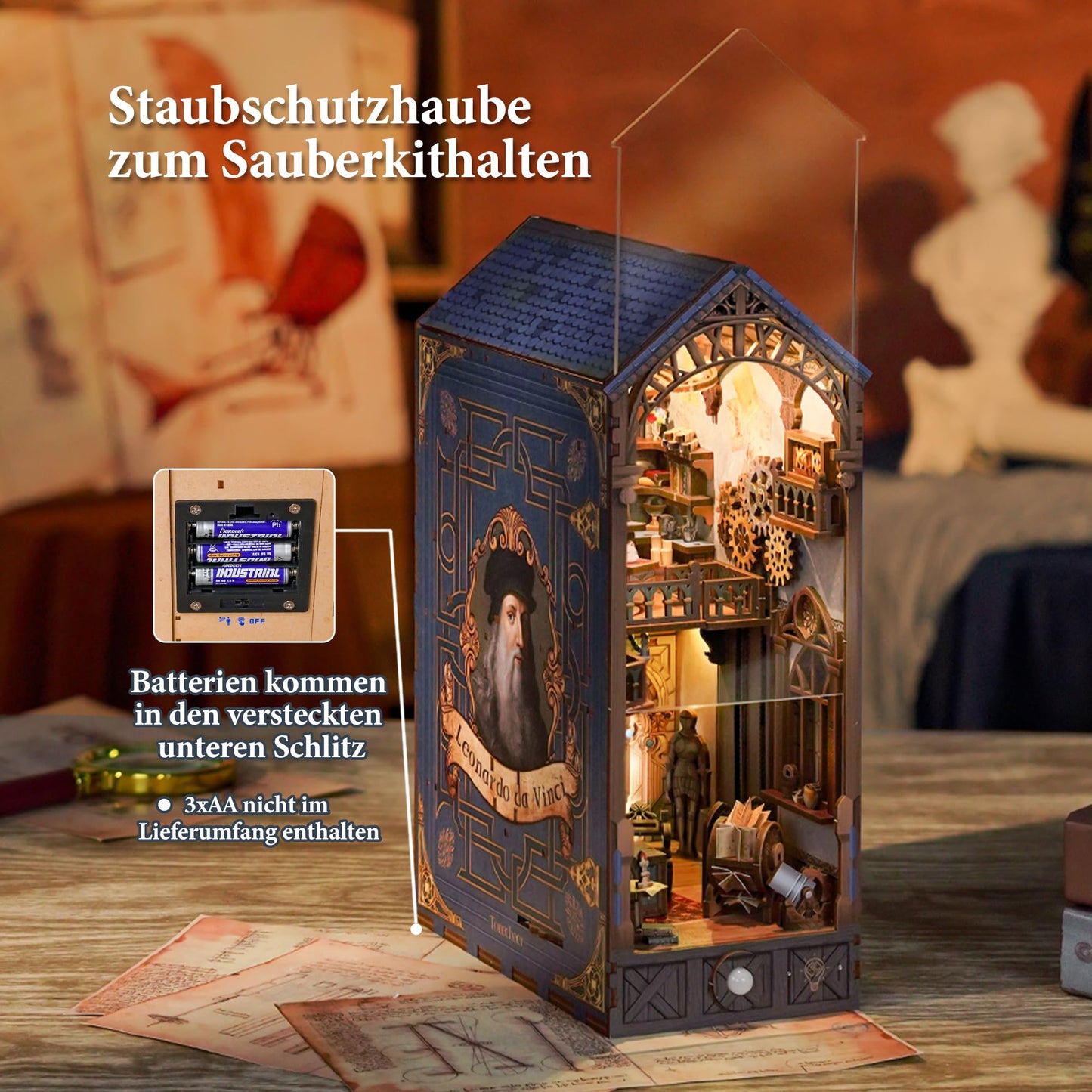 Tonecheer DIY Book Nook Kit – Leonardo da Vinci Edition | 3D Wooden Miniature House with LED Lights