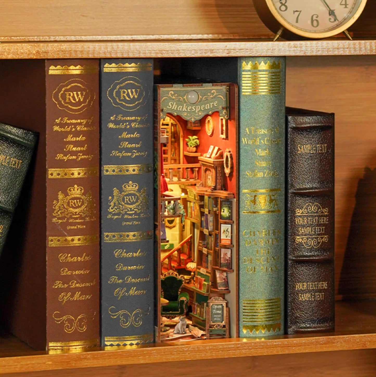 Tonecheer DIY Book Nook Kit for Adults – 3D Wooden Bookend with Sensor LED Light (Left Bank Bookstore)