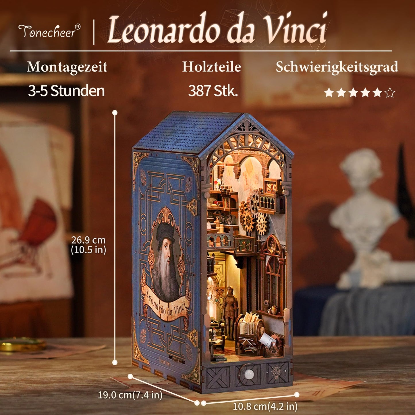 Tonecheer DIY Book Nook Kit – Leonardo da Vinci Edition | 3D Wooden Miniature House with LED Lights