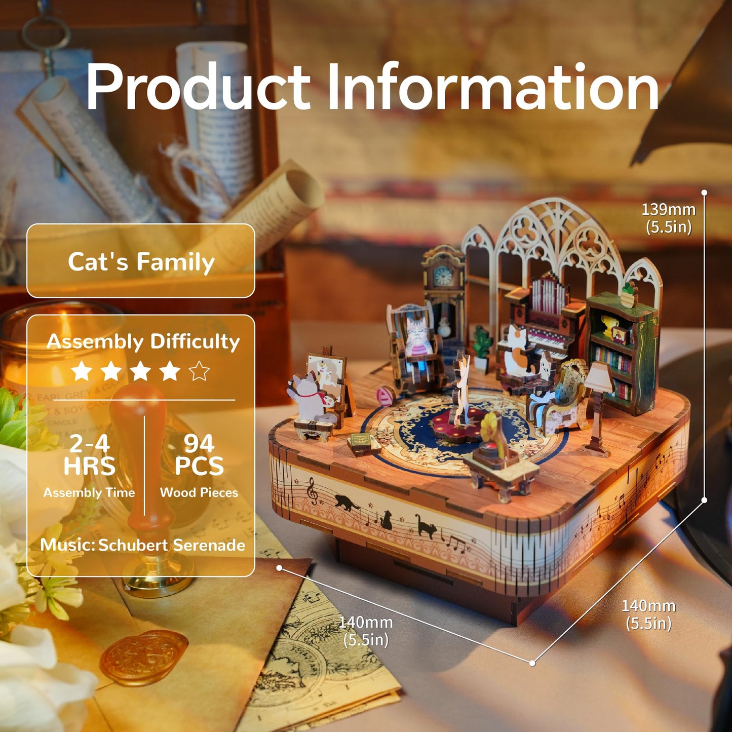 Tonecheer Wooden Music Box Puzzle Kit – DIY 3D Cat Family Desk Decor