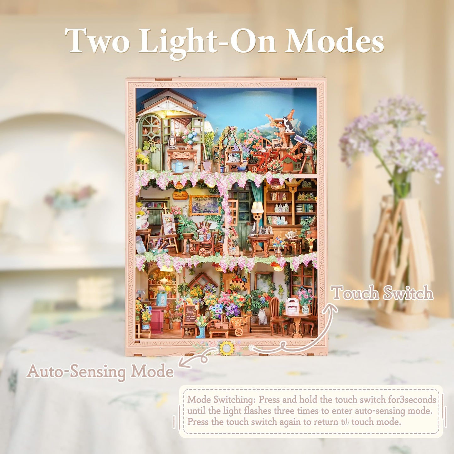 Tonecheer DIY Miniature House Kit – Blossom Time Book Nook with LED, Dust Cover, Wall Mount
