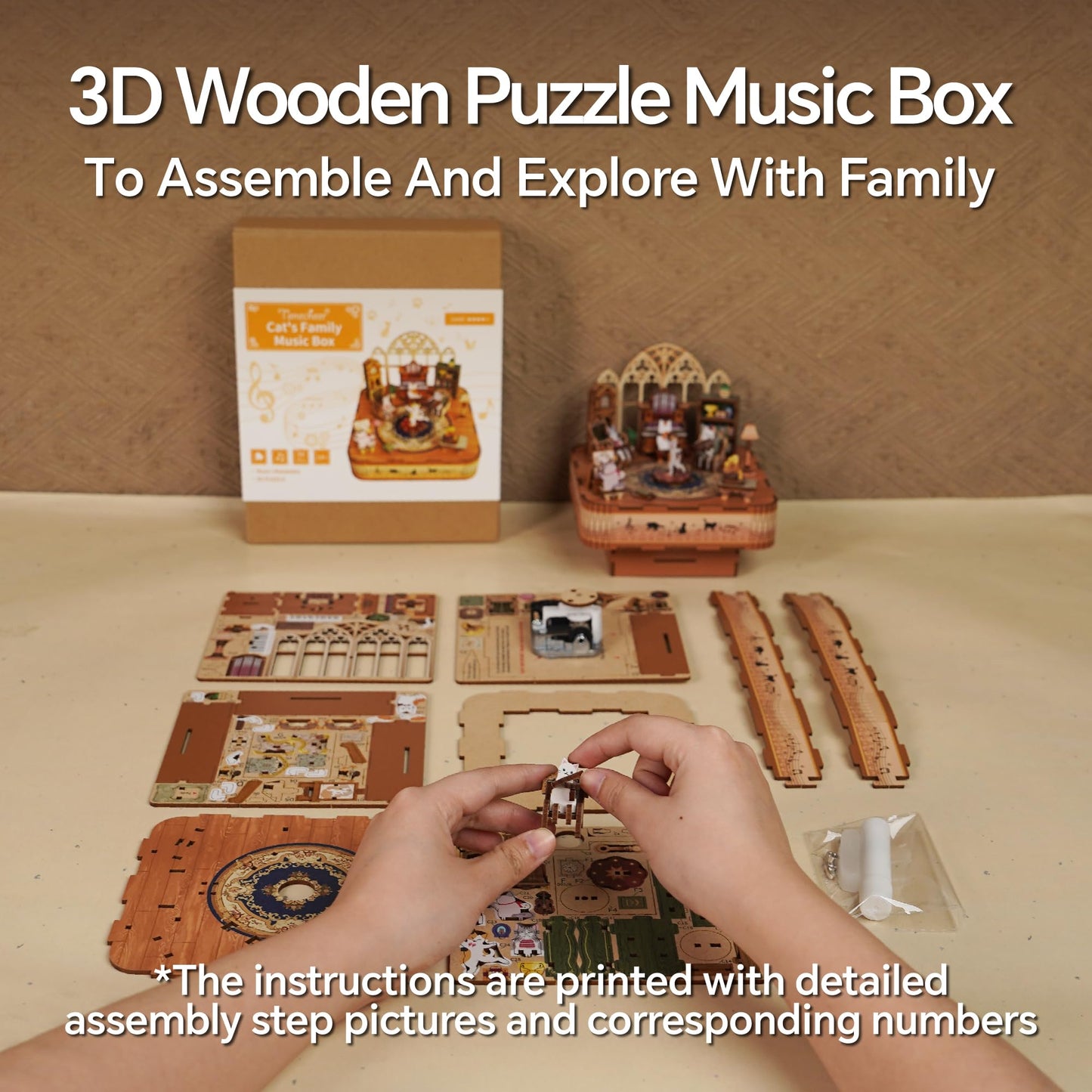 Tonecheer Wooden Music Box Puzzle Kit – DIY 3D Cat Family Desk Decor