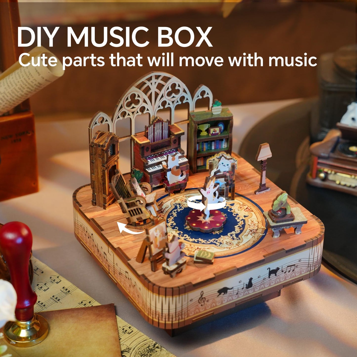 Tonecheer Wooden Music Box Puzzle Kit – DIY 3D Cat Family Desk Decor