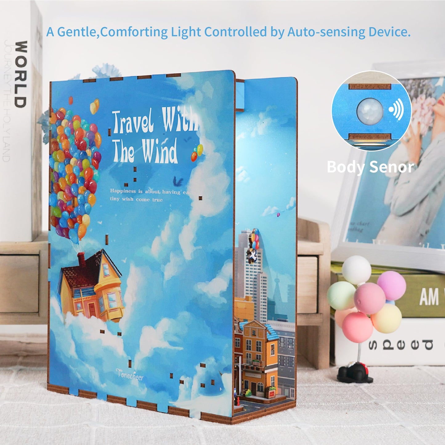 Tonecheer DIY Book Nook Kit for Adults – 3D Puzzle with Auto Sensor LED Light