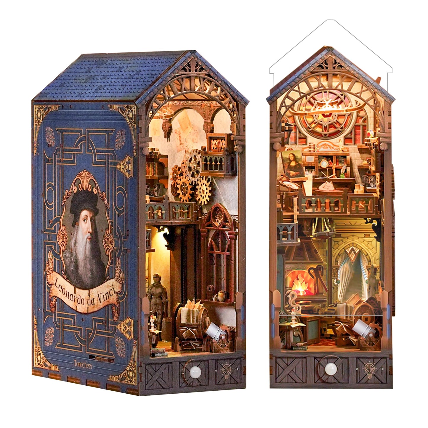 Tonecheer DIY Book Nook Kit – Leonardo da Vinci Edition | 3D Wooden Miniature House with LED Lights
