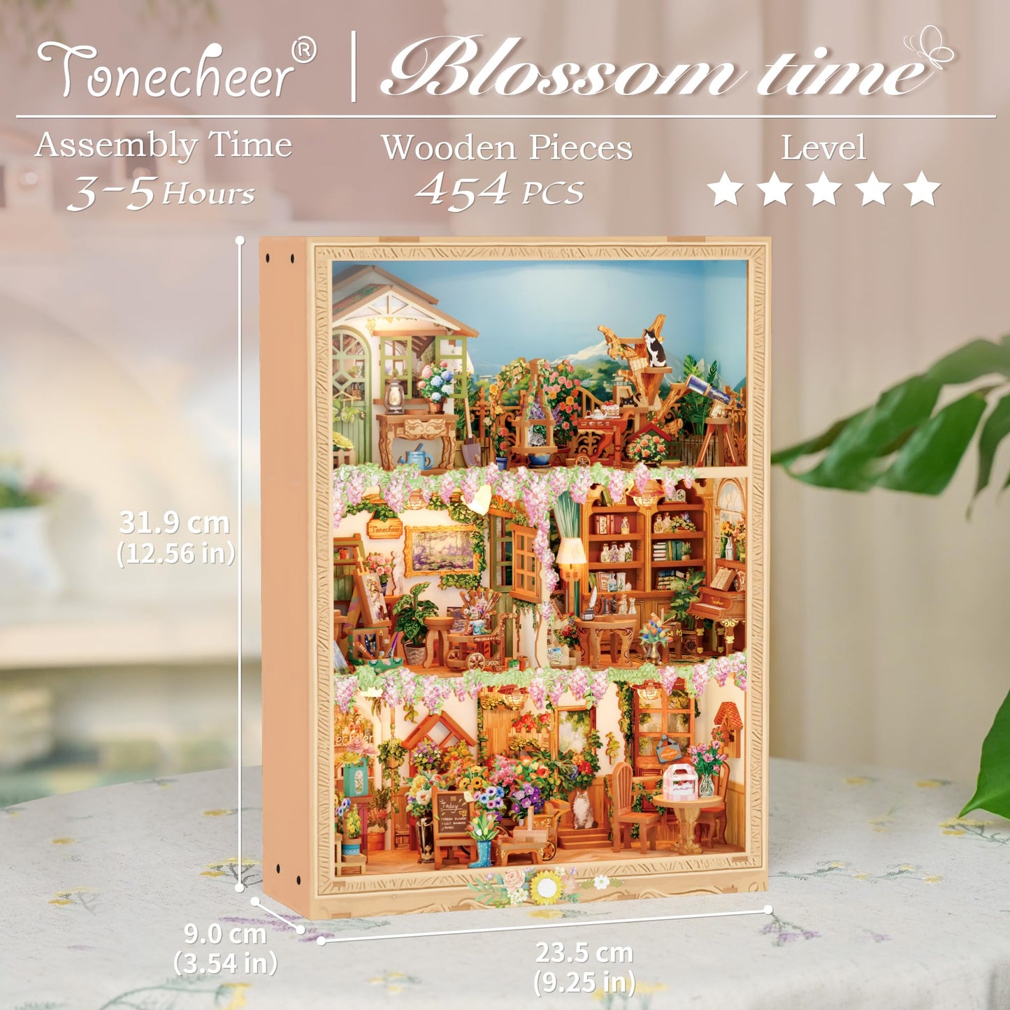Tonecheer DIY Miniature House Kit – Blossom Time Book Nook with LED, Dust Cover, Wall Mount