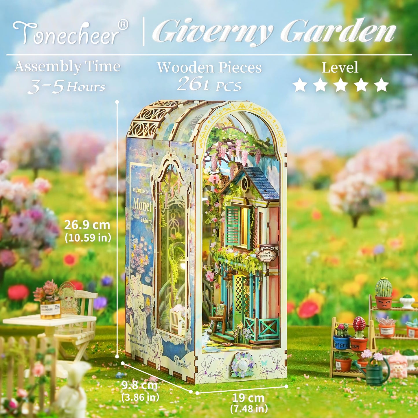 Tonecheer DIY Book Nook Kit for Adults – Giverny Garden 3D Wooden Dollhouse with LED Lights