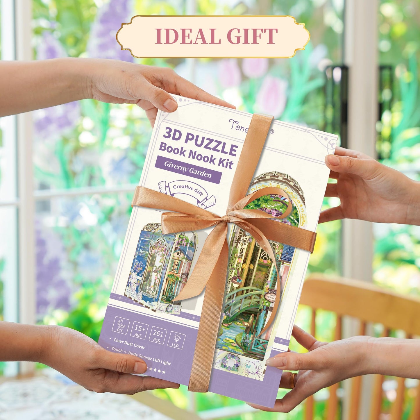 Tonecheer DIY Book Nook Kit for Adults – Giverny Garden 3D Wooden Dollhouse with LED Lights