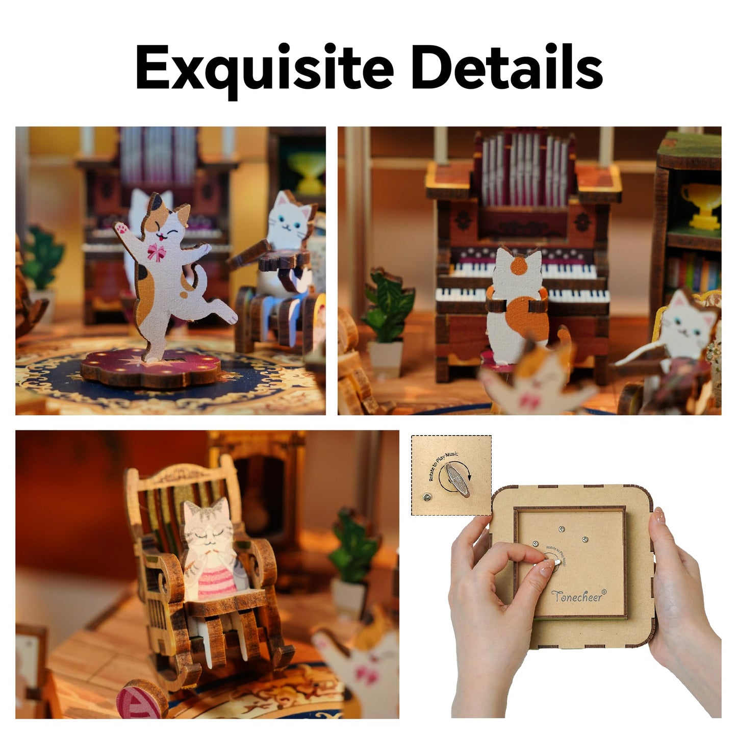 Tonecheer Wooden Music Box Puzzle Kit – DIY 3D Cat Family Desk Decor